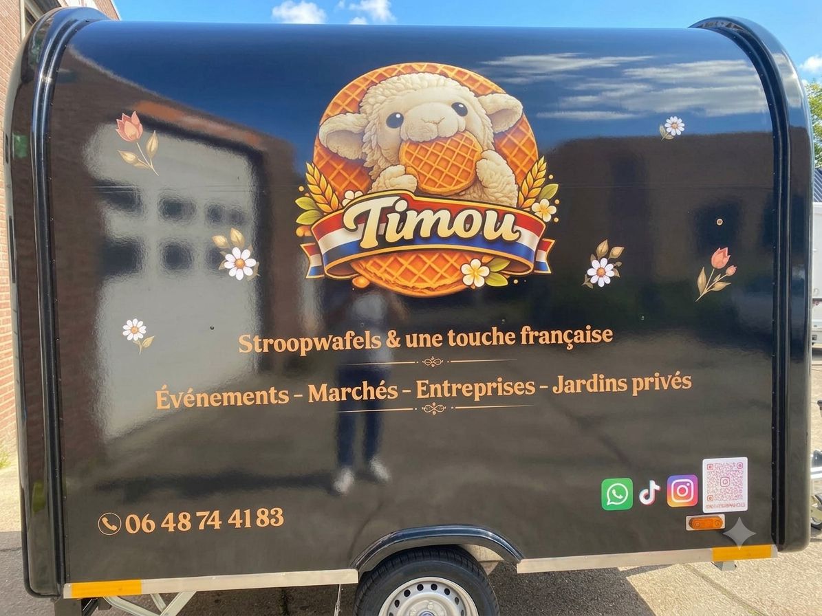 Logo TIMOU peint sur le food truck, mouton gourmand tenant une stroopwafel